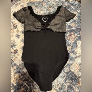 2/$5- Danskin Now Black and Silver Heart Bodysuit